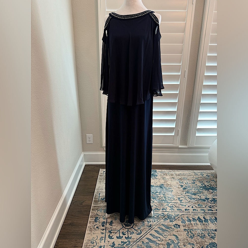 Alex Evenings Long Navy Size 12 Embellished Shoulder Formal Gown